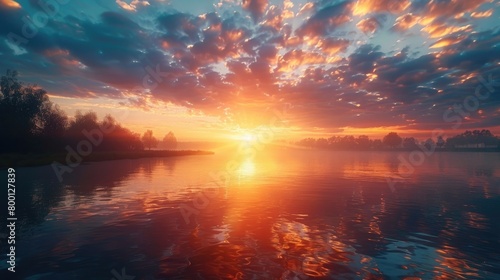 A majestic sunrise over a tranquil lake, symbolizing renewal and spiritual awakening on Ascension Day. 8k, realistic, full ultra HD, high resolution, cinematic photography ar 16:9 © Manzoor