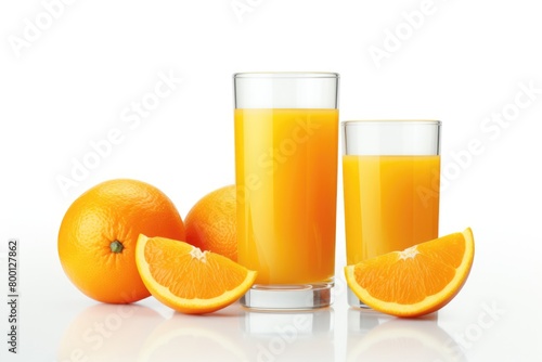 Fresh orange juice in a glass and oranges on a white background.