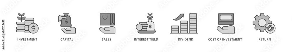 Roi icons set collection illustration of return, interest tield, cost of investment, dividend, sales, capital, investment icon live stroke and easy to edit Roi icons set collection illustration of return, interest tield, cost of investment, dividend, sales, capital, investment icon live stroke and easy to edit