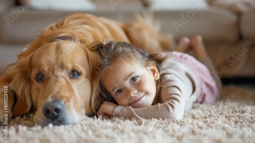 Obraz na płótnie Little kid playing with a dog on carpet floor at home. w salonie