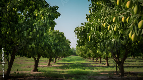 Close-up of Fresh green Mangoes hanging on the mango tree on a garden farm