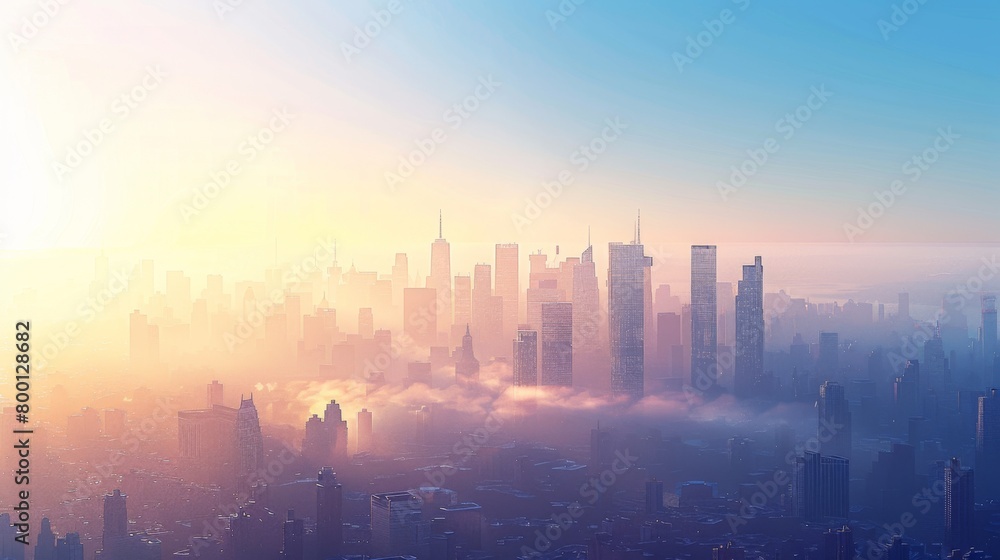 Ethereal Cityscape at Sunrise with Glowing Skyscrapers Over Mist