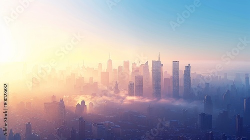 Ethereal Cityscape at Sunrise with Glowing Skyscrapers Over Mist