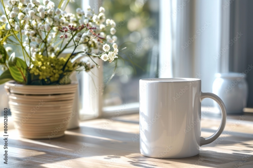 White Blank Mug Mockup in Photographic Scene created with Generative AI White Blank Mug Mockup in Photographic Scene created with Generative AI