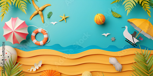 A colorful display of beach accessories including a umbrella rings boat   Various beach items with umbrellas balls swim rings starfish and sea Aerial view of a summer  Colorful summer wallpaper