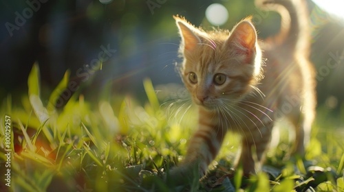 Cute baby cat playing on outdoor lawn with warm sunlight