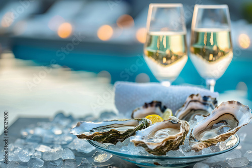 Romantic setting with plate of fresh oysters and two glasses of sparkling wine on terrace against sea photo