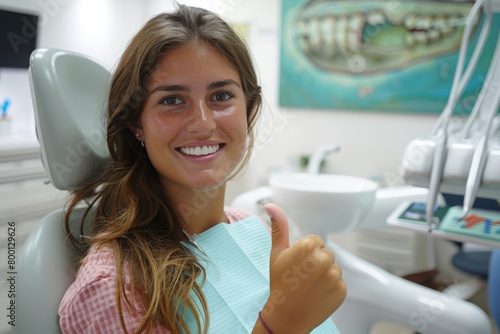 Cheerful patient sits in dentist chair and gives thumbs up. Satisfaction during successful dental procedure or consultation