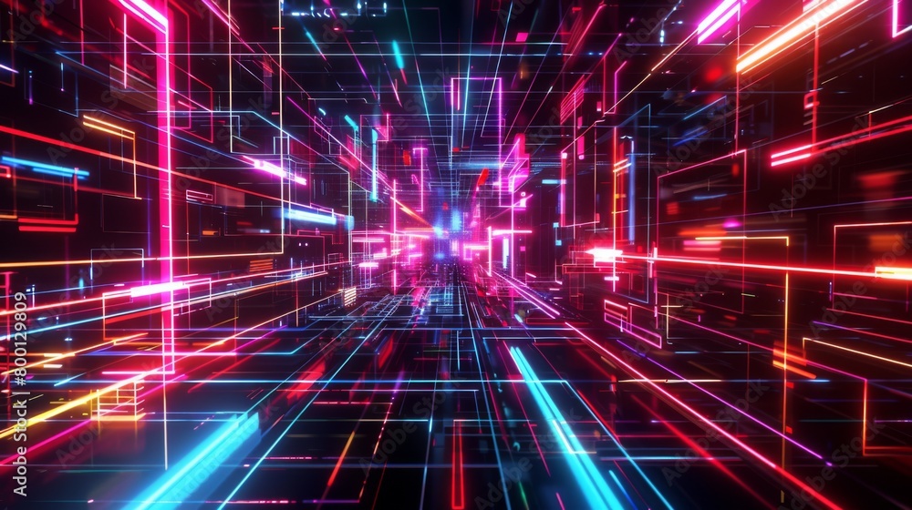 Fototapeta premium Vibrant Neon Light Tunnel with Futuristic Digital Art Concept