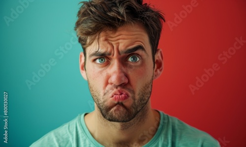 Man making a puckered expression with a two-tone background photo