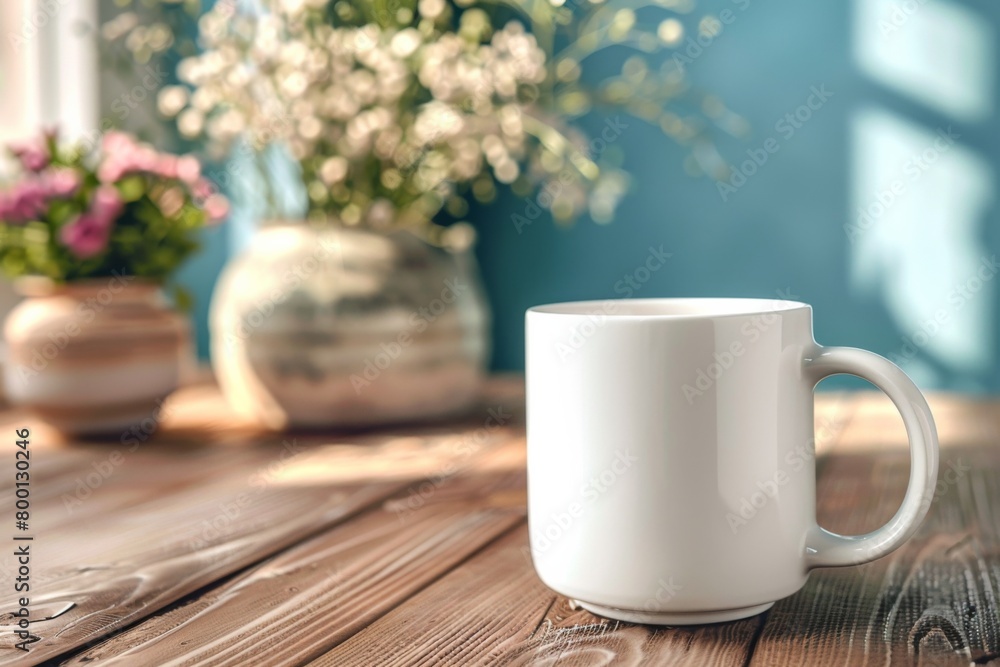 White Blank Mug Mockup in Photographic Scene created with Generative AI