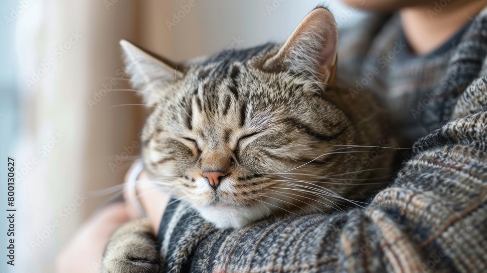 Cute sleeping baby cat in arms