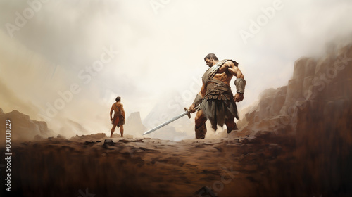 The story of David and Goliath from the Bible illustrates the triumph of faith and strength as the young shepherd defeats the giant, securing a remarkable victory. photo