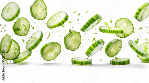 An array of thin cucumber slices in green clean unraveling over a white setting calming for visual deleterious soaring lovely and space, Generative AI.