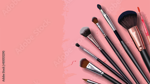 Makeup brushes and decorative cosmetics on color background