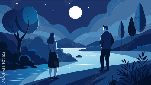 A moonlit stroll along the riverbank turns into a profound discussion between two people with only the sound of the water as their witness.. Vector illustration