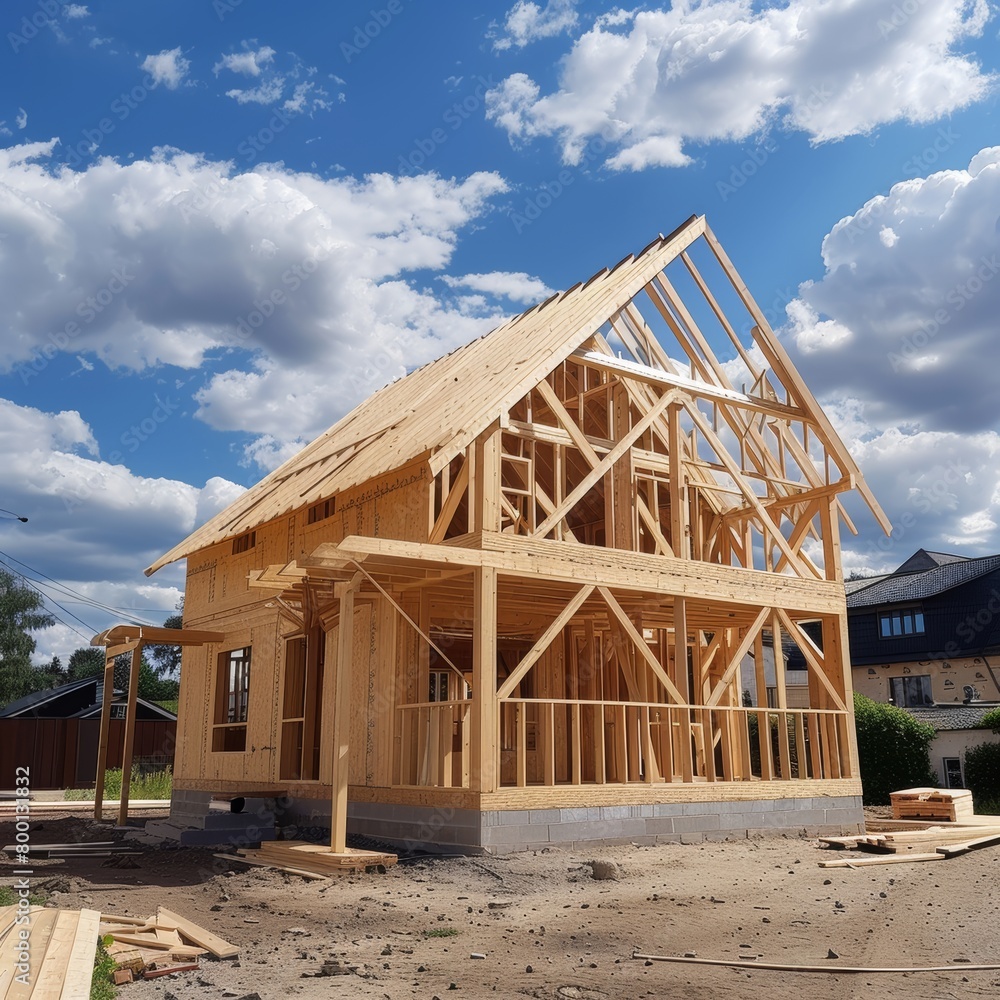 Wooden frame construction with truss, posts, and beams for new house manufacturing project Wooden frame construction with truss, posts, and beams for new house manufacturing project