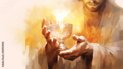 Christian spirituality, believers raise the holy cup of wine, symbolizing the blood of Jesus Christ, as they offer their hands in reverence to God, embodying their religious devotion and faith. © AK528