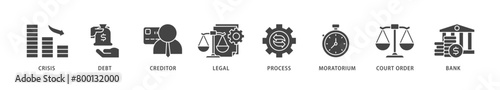 Bankruptcy icons set collection illustration of bank ,court order, legal, moratorium, process, creditor, debt, crisis icon live stroke and easy to edit 