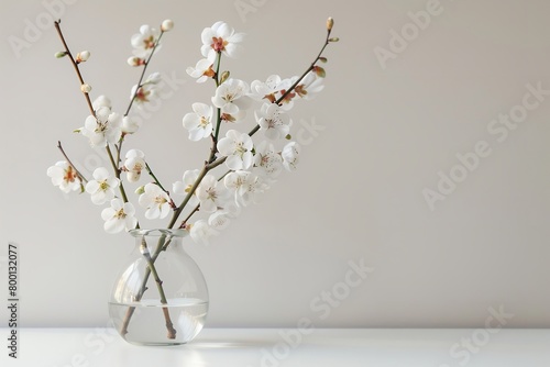 A crystalline glass vase comprising an elongated branch of white bud petals water and direct sunlight over a pale white setting and space, Generative AI.