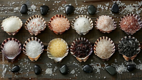 Tranquil setting of sea salt varieties in natural shell containers with smooth, dark spa stones, on a polished wood backdrop, rich in texture