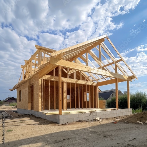 Wooden frame construction truss, post, and beams in progress for new house manufacturing