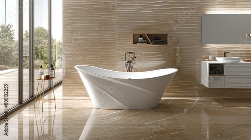 Soothing contemporary bathroom featuring a stylish standalone bathtub for a calm ambiance