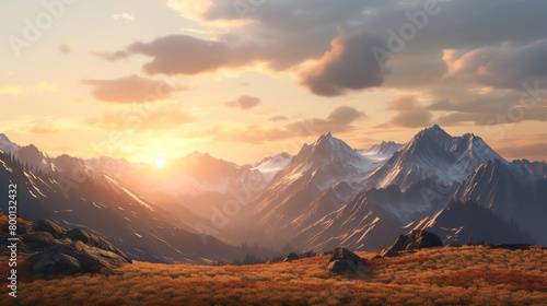 Serene 3D model of a mountainous landscape at sunset with realistic textures and lighting suitable for adventure games or naturethemed documentaries photo