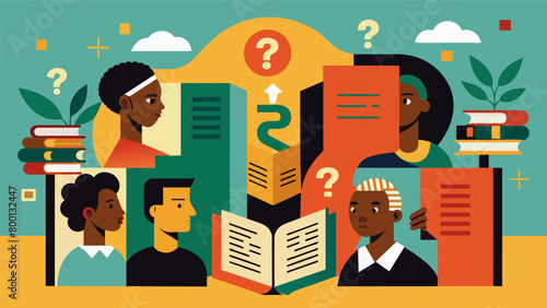 An art installation in the shape of a book with pages featuring different questions about the struggles and achievements of African Americans. Vector illustration
