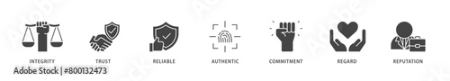Credibility icons set collection illustration of integrity, trust, reliable, authentic, commitment, regard, and reputation icon live stroke and easy to edit 