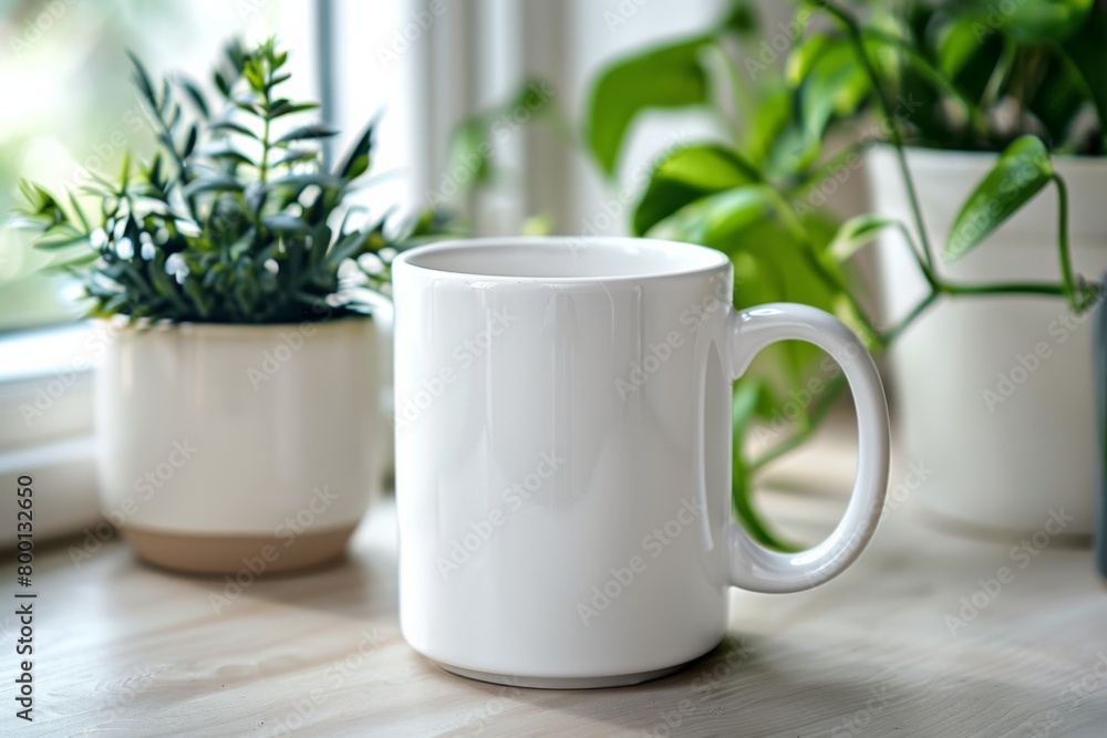 White Blank Mug Mockup in Photographic Scene created with Generative AI White Blank Mug Mockup in Photographic Scene created with Generative AI