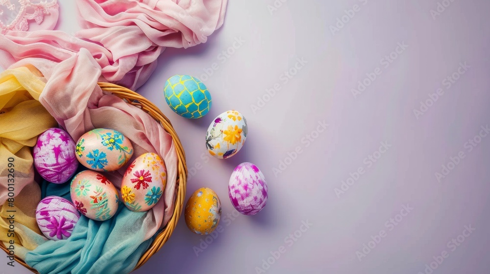 Top view of beautiful Easter eggs with scarf on table