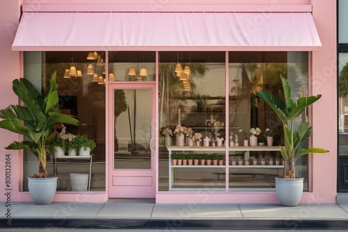 Florist boutique with pink awning and lush greenery, showcasing elegant arrangements and tropical plants in a stylish urban neighborhood photo