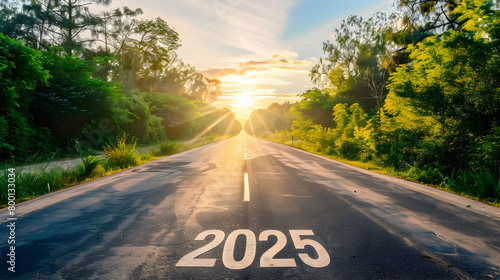 A road with a white line on it that says 2025. The road is empty and the sun is setting. Generative AI
