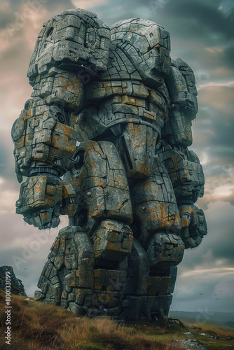 A massive golem carved from ancient stone pulses with abjuration magic warding off intruders with powerful protective spells photo