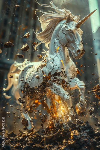 A shattered unicorn statue surrounded by scattered mechanisms a flickering portal opening beneath its cracked horn