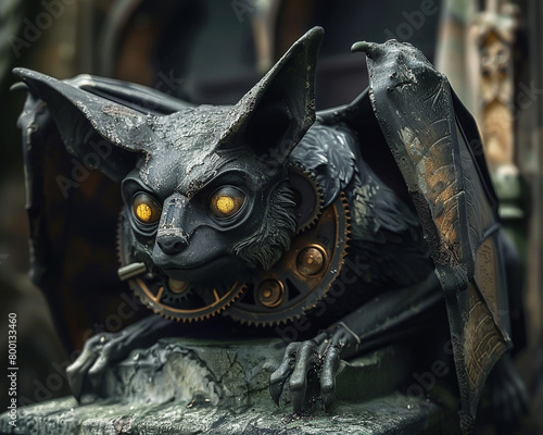 Ancient stone bat statue entwined with gears eyes glowing with a mystic light