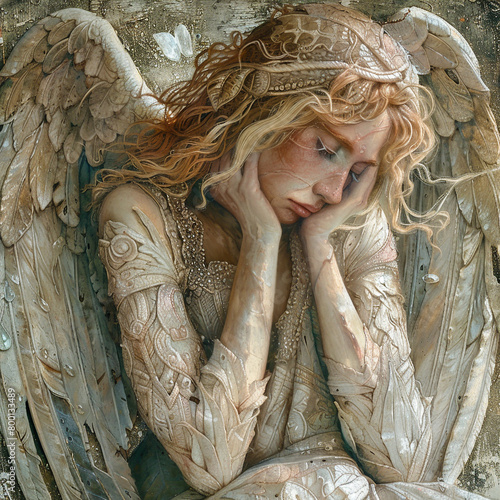 An angel weeping tears of crystal mourning the loss of innocence or beauty in the world photo