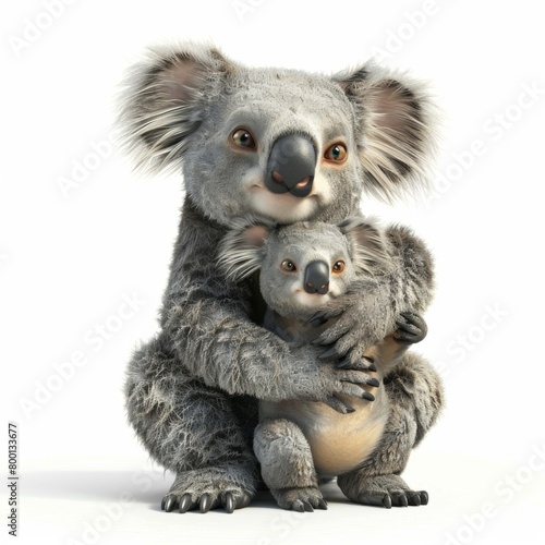 Koala bear with cub. 3D rendering cute animal isolated over white background. © Joyce