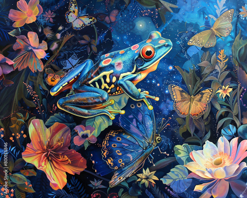 Dream of a jungle where frogs with iridescent butterfly wings leap among fluorescent flora under a starlit sky
