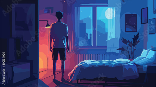 Male sleepwalker in bedroom at night Vectot style vector photo