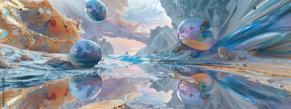 Obraz premium Scenic Nature Painting: A panoramic view captures a cave painting amidst lush landscapes, with elements of water, trees, sky, and vibrant seasons