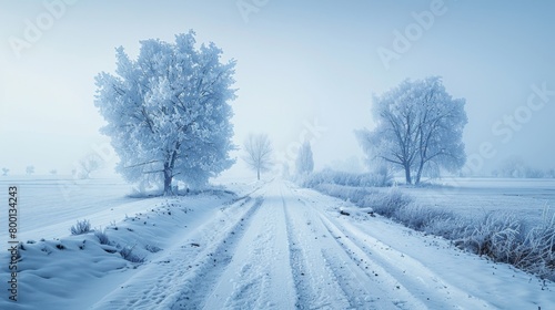 Serene Winter Landscape: Snow-Covered Trees and Tranquil Country Road