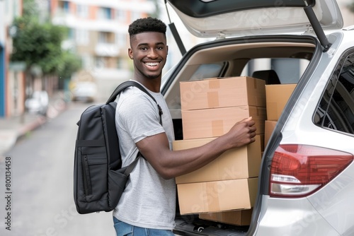 A man is smiling and holding boxes in a car. He is wearing a backpack and a gray shirt