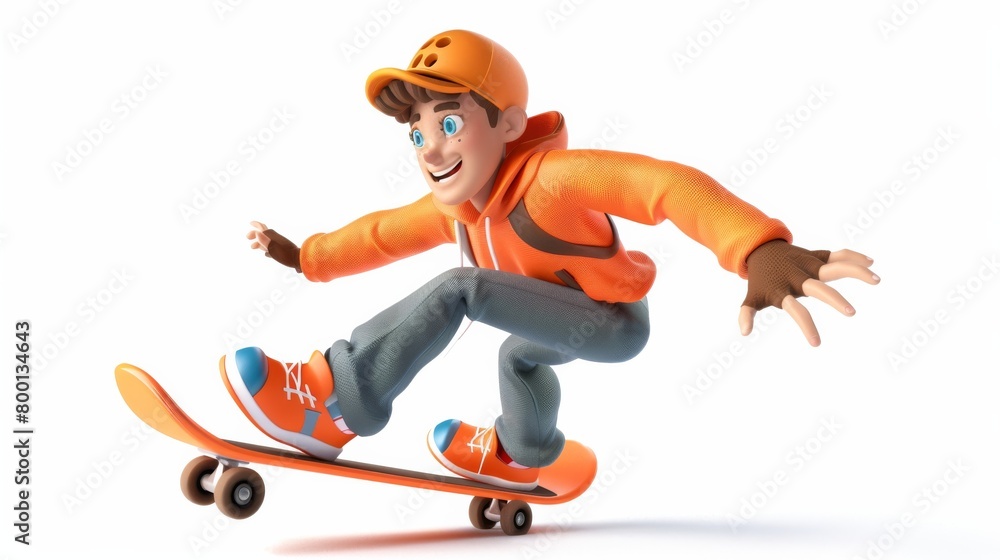 Obraz premium 3d character cartoon man skate boarder wearing bright colors clothes. Isolated on white with copy space