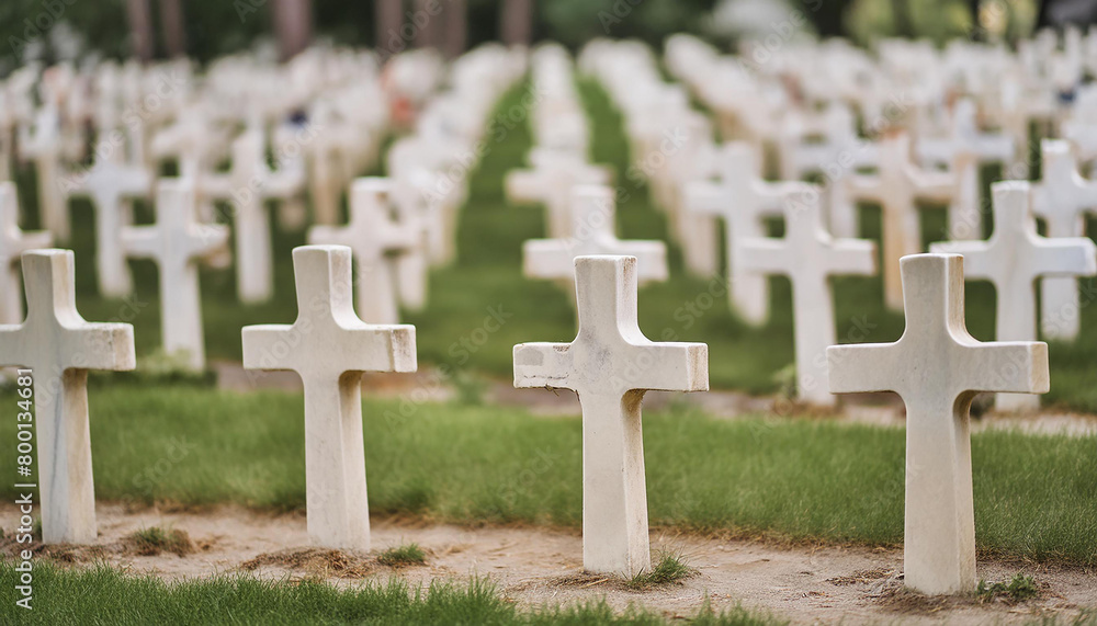 Obraz premium Grave crosses on green meadow. Memorial day, federal holiday in the US