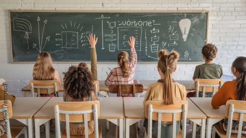 A group of children are sitting in a classroom with a blackboard in the background. One of the children is raising their hand and pointing at the board. Scene is one of learning and education photo