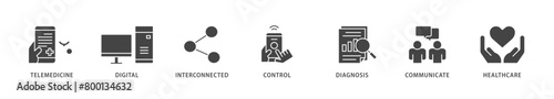 Digital health icons set collection illustration of e health, telemedicine, interconnected, smartwatch, diagnosis, email, and medical app icon live stroke and easy to edit 