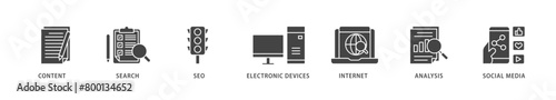 Digital marketing icons set collection illustration of content, search, seo, electronic devices, internet, analysis and social media icon live stroke and easy to edit 