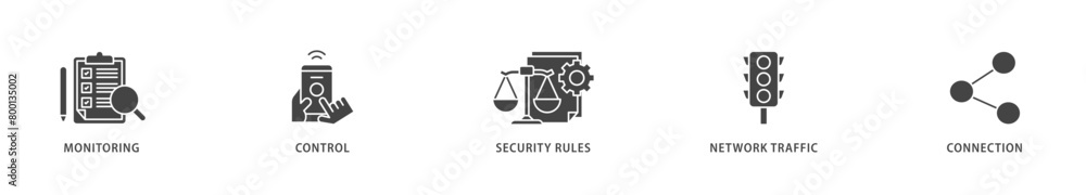 Firewall icons set collection illustration of monitoring, control, security rules, network traffic and connection icon live stroke and easy to edit Firewall icons set collection illustration of monitoring, control, security rules, network traffic and connection icon live stroke and easy to edit